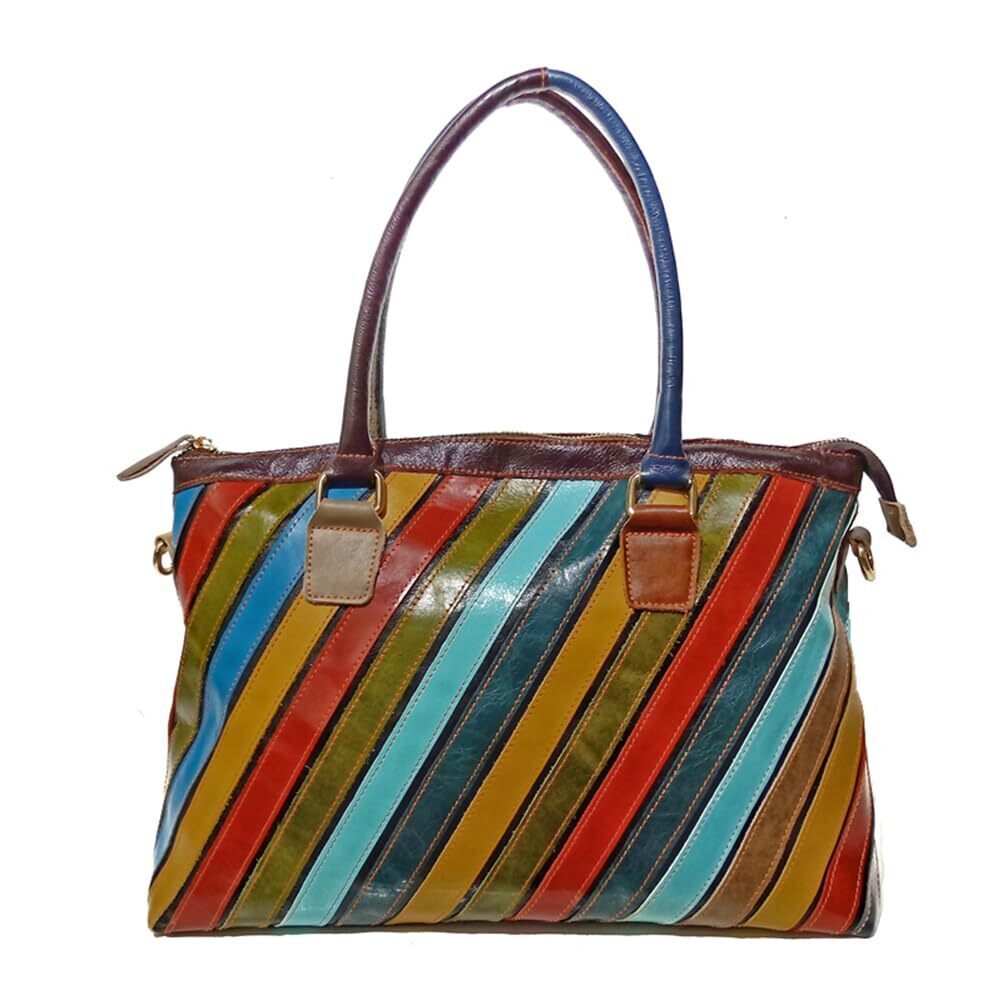 9226 Leather Tote Handbag Multi-color Patchwork Shoulder Satchel Colorful